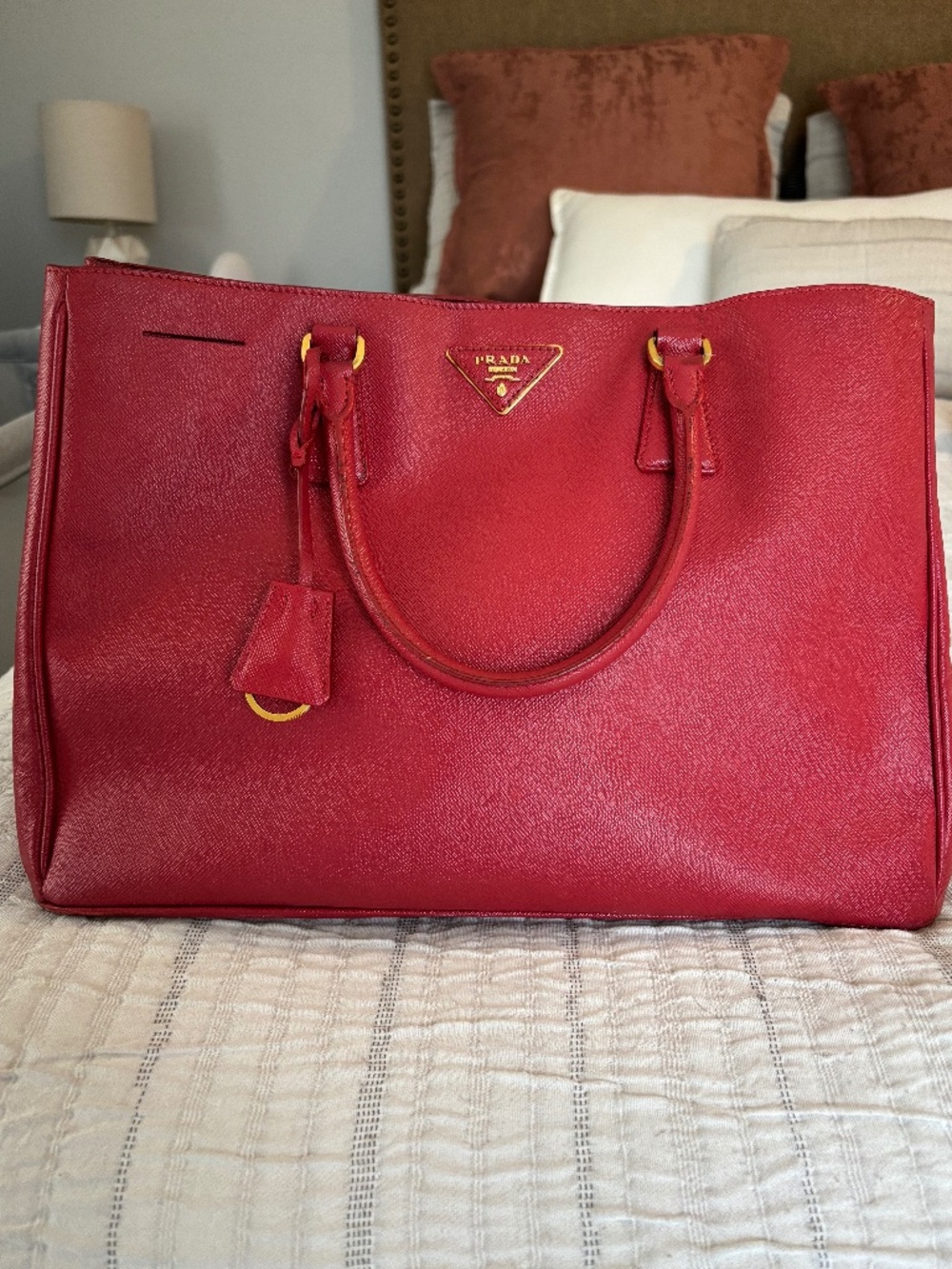 Prada Saffiano Leather Tote Bag Red Burgundy Gold Hardware Authentic